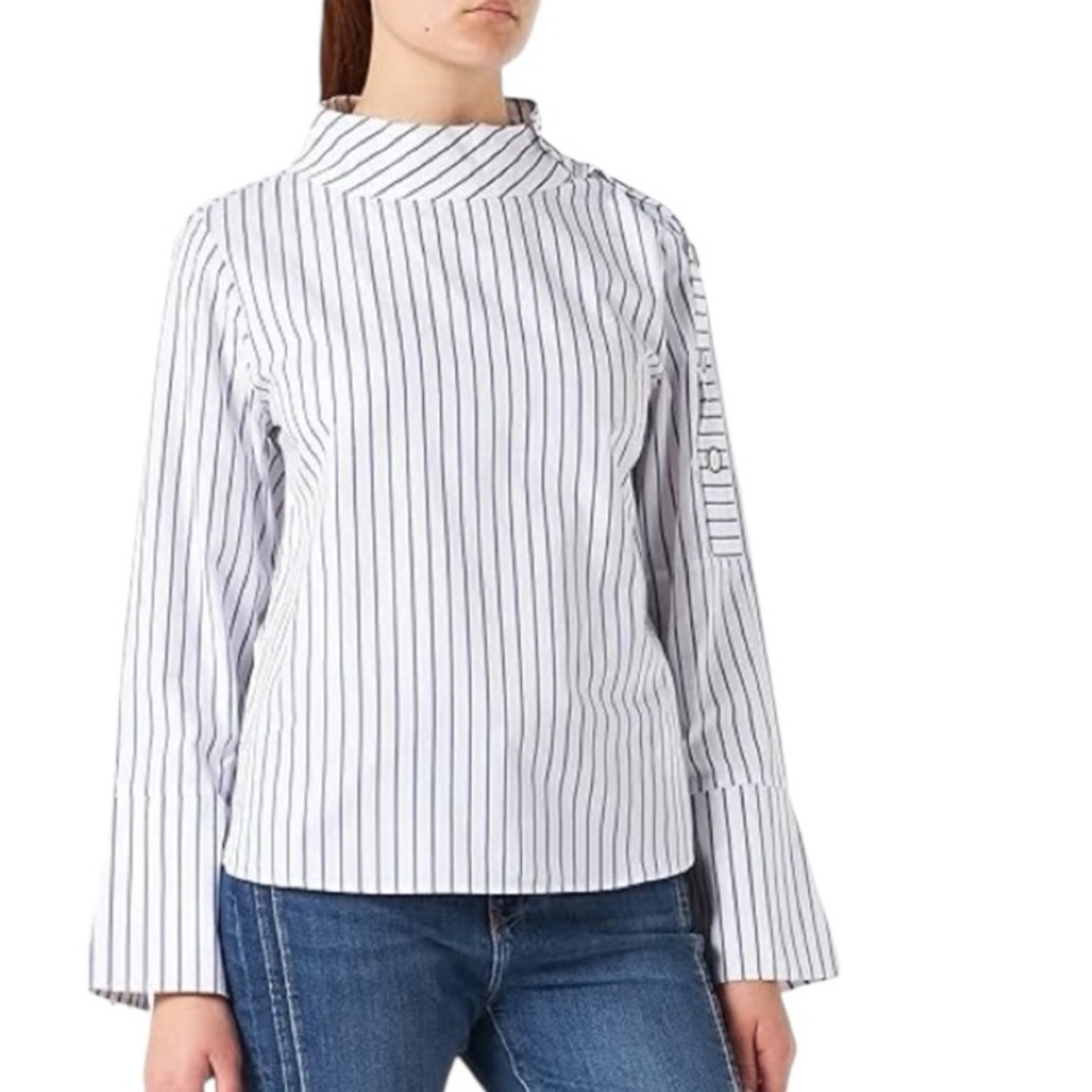 Fame and Partners White Black Preppy Business Casual Striped High Neck Top Sz. 0